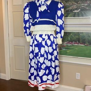 Vintage Jaymee Papell 3 piece Skirt, blue White Sweater, Scarf